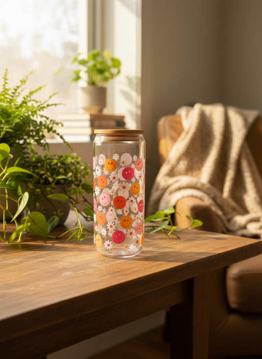 Lifestyle mockup of smiley face glass