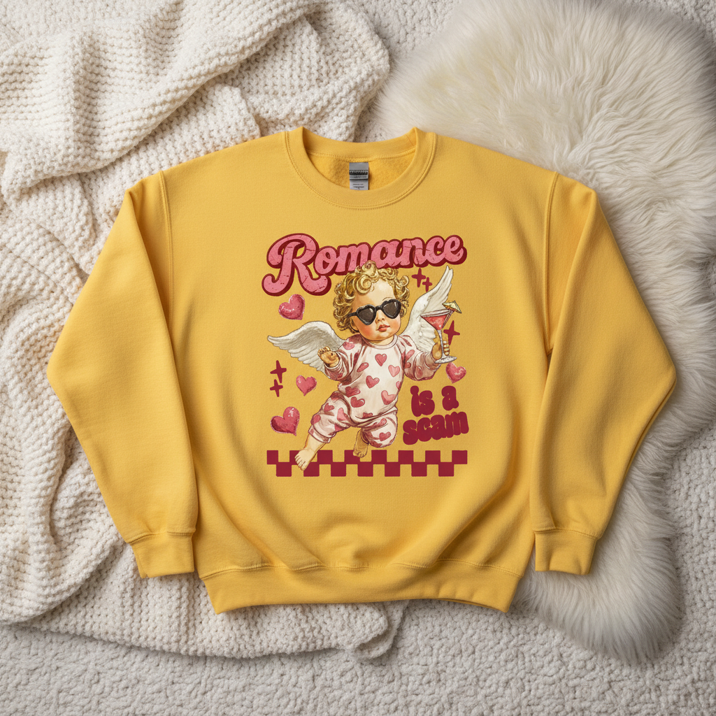 Romance is a Scam Yellow Sweatshirt Flat Lay