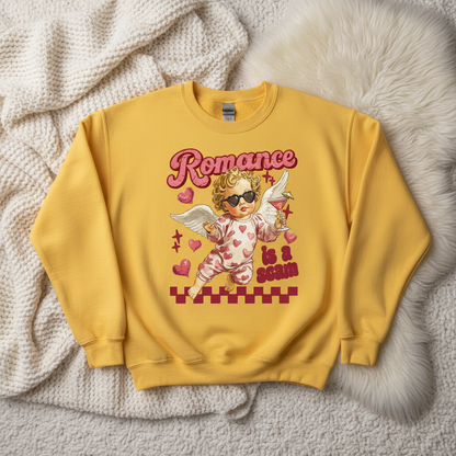 Romance is a Scam Yellow Sweatshirt Flat Lay